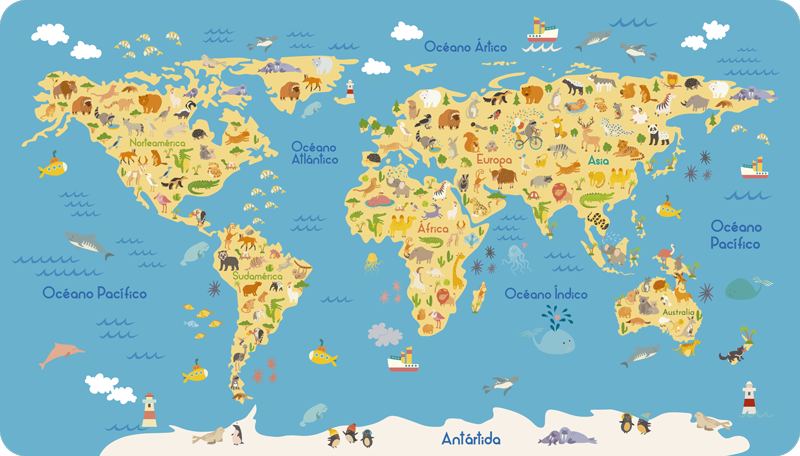 Tapis vinyle carte du monde faune enfantine - TenStickers