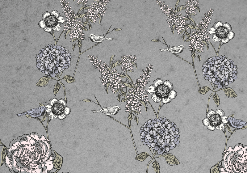 Tapis vinyle vintage branches grises avec oiseaux - TenStickers