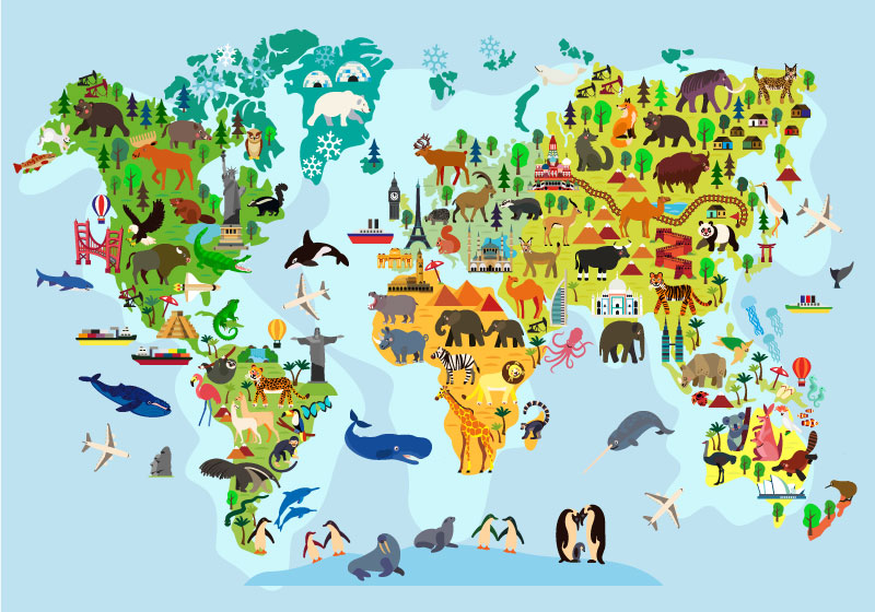 Tapis vinyle carte du monde enfants avec monuments et animaux - TenStickers