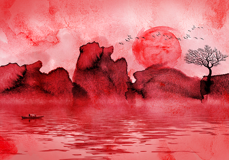 Tapis vinyle rouge paysage à l'encre chinoise - TenStickers