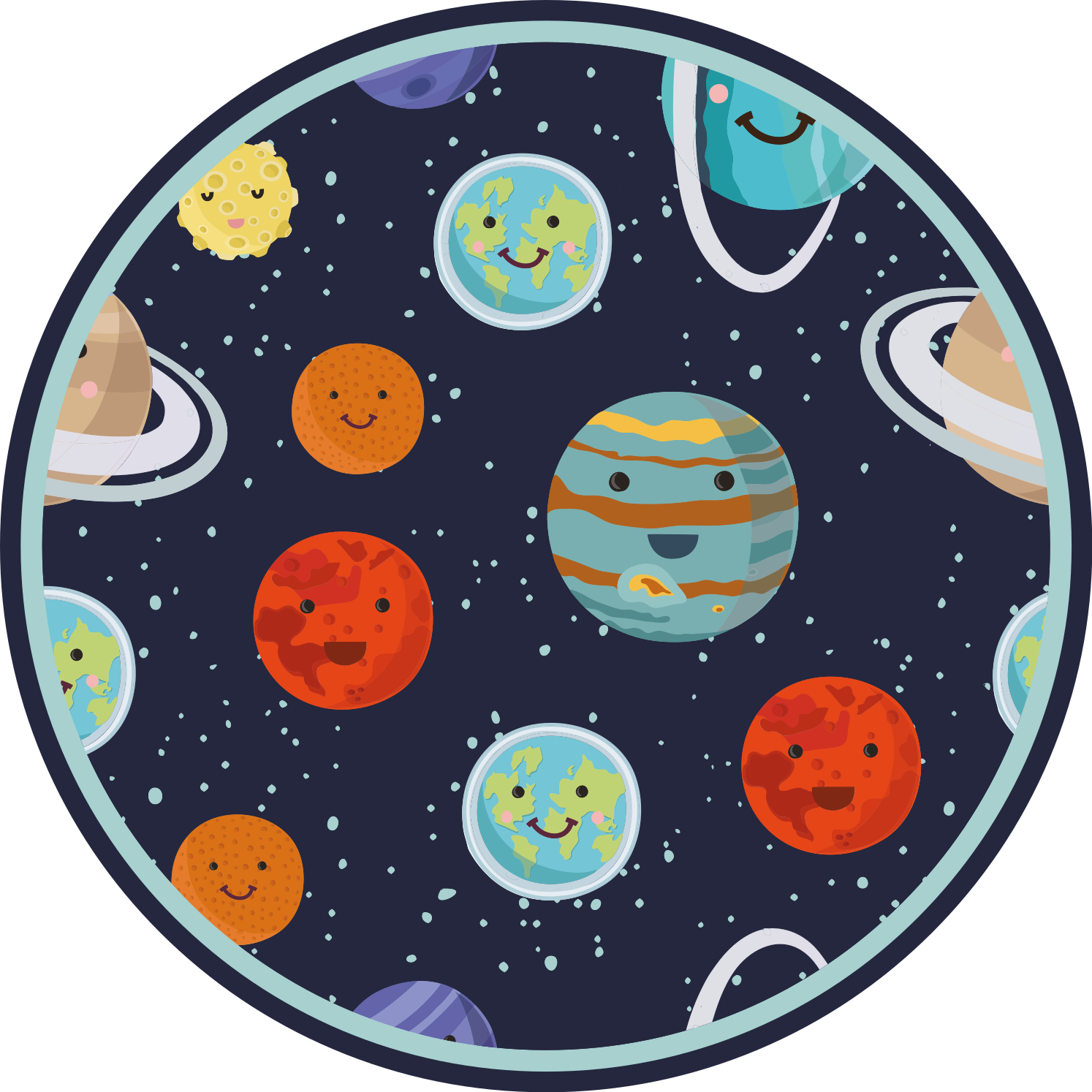 Tapis vinyle enfant cercle de planètes souriantes - TenStickers