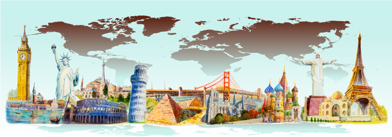 Tapis vinyle carte du monde collage de monuments colorés - TenStickers