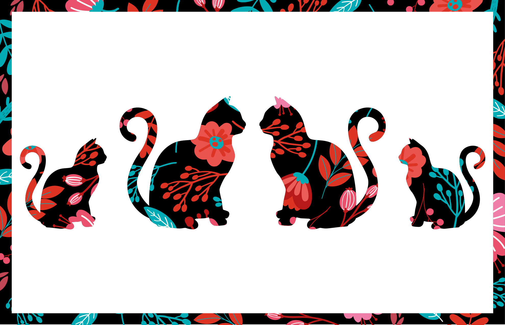 Tapis vinyle plantes silhouettes de chats colorées - TenStickers