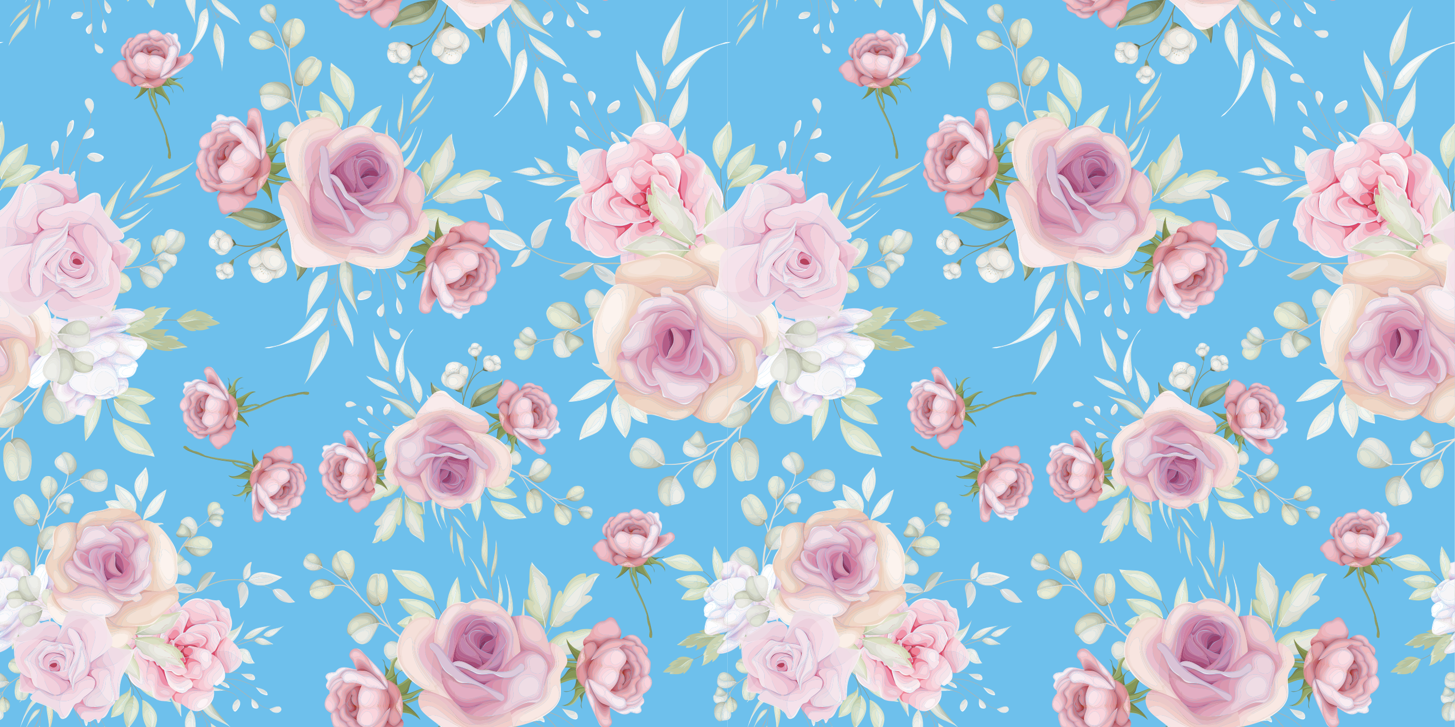 Tapis vinyle plantes fleurs de rose sur fond bleu - TenStickers