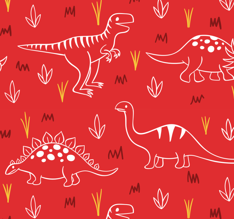 Papier peint chambre dinosaures dessinés sur rouge - TenStickers