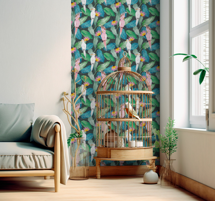 Papier peint motif tropical oiseaux et feuilles - TenStickers