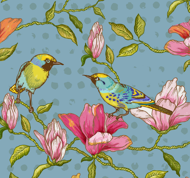 Papier peint fleurs oiseaux exotiques fond bleu - TenStickers