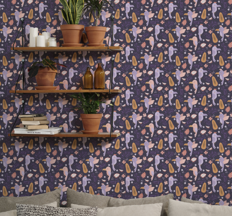 Papier peint perroquets sur fond tropical violet - TenStickers