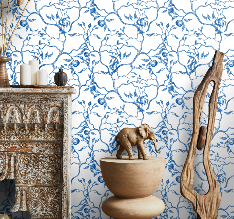 Papier peint feuilles motif de branches bleues - TenStickers