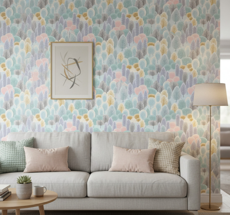 Papier peint arbre motif forêt pastel - TenStickers