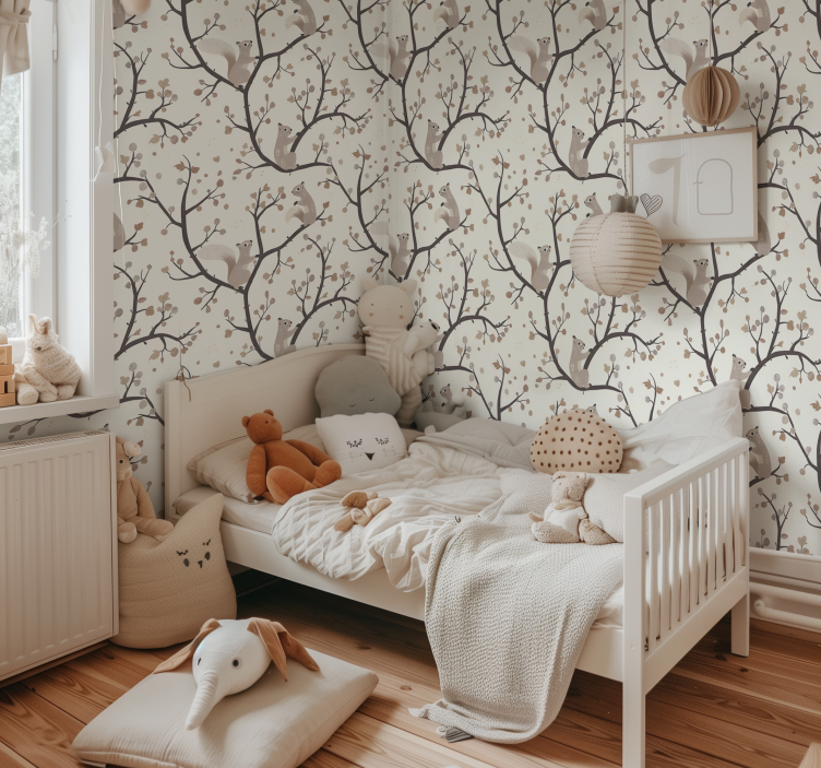 Papier peint chambre bébé motif d'écureuils beiges - TenStickers