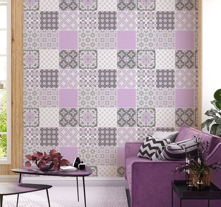 Papier peint carrelage motifs ornementaux rose et gris - TenStickers