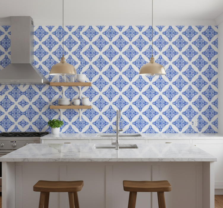 Papier peint carrelage bleu à motifs - TenStickers
