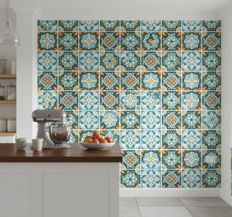 Papier peint carrelage carreaux turquoise - TenStickers