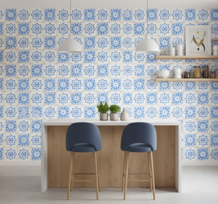 Papier peint carrelage motifs bleus complexes - TenStickers