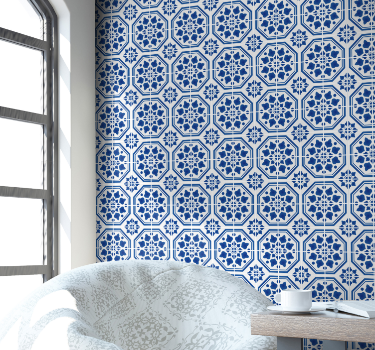 Papier peint carrelage motifs saphir bleus classiques - TenStickers