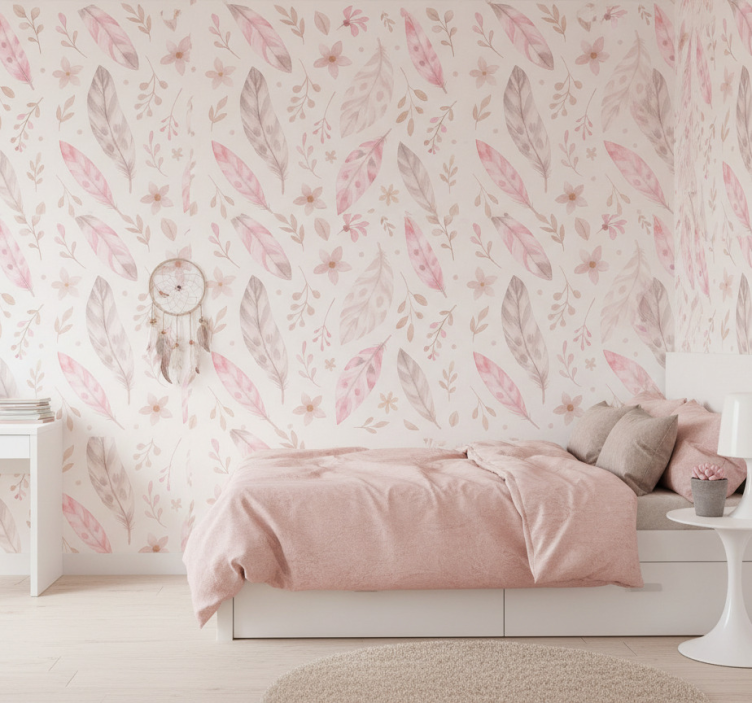 Papier peint chambre ado plumes roses - TenStickers