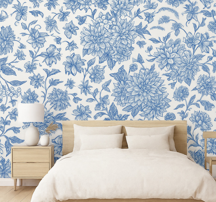 Papier peint chambre adulte dahlia bleu floral - TenStickers