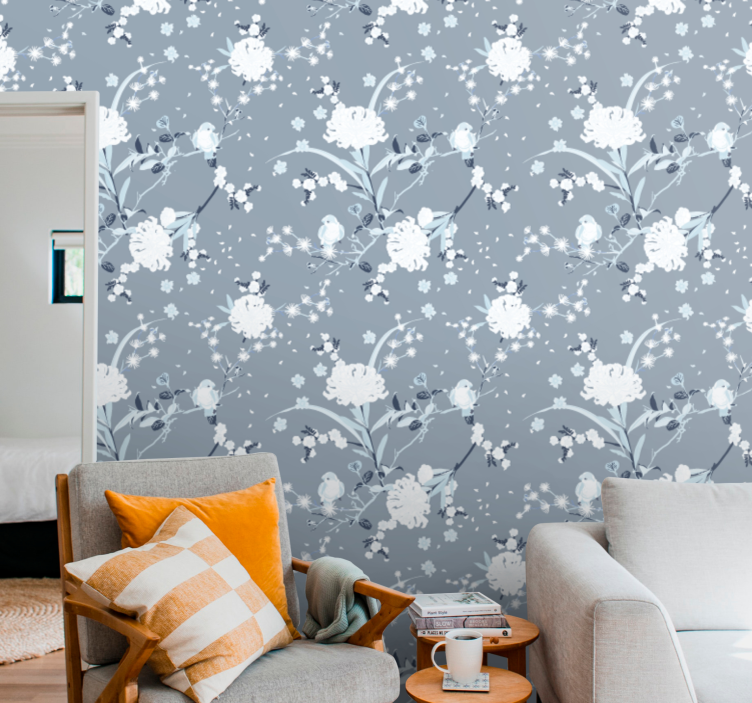 Papier peint chambre adulte fleurs grises délicates - TenStickers