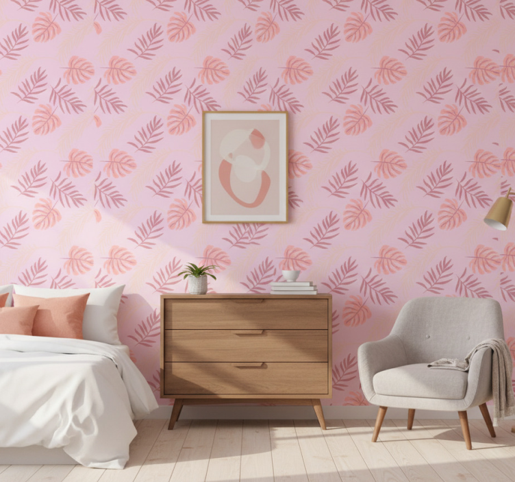 Papier peint chambre design de feuilles tropicales roses - TenStickers