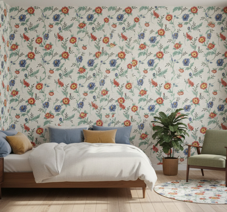 Papier peint chambre design fleurs rétro - TenStickers