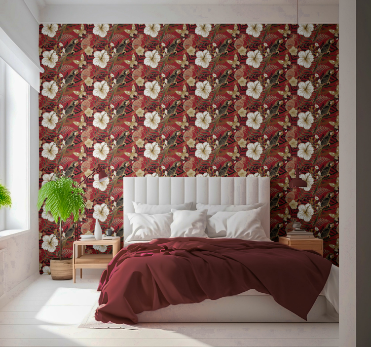 Papier peint perroquets motif élégant floral rouge - TenStickers