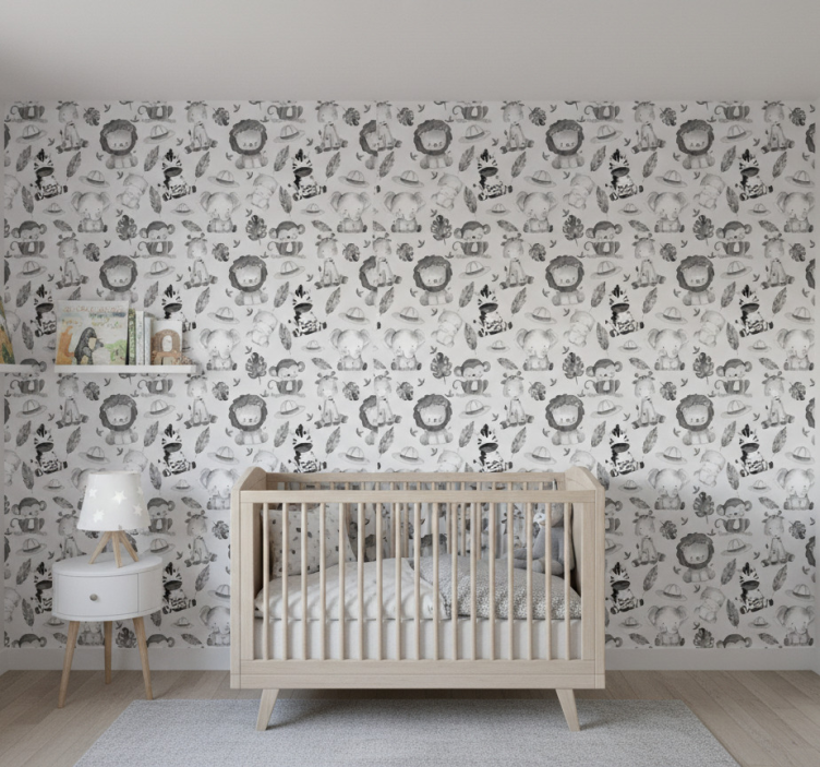 Papier peint chambre enfant animaux bébés gris - TenStickers
