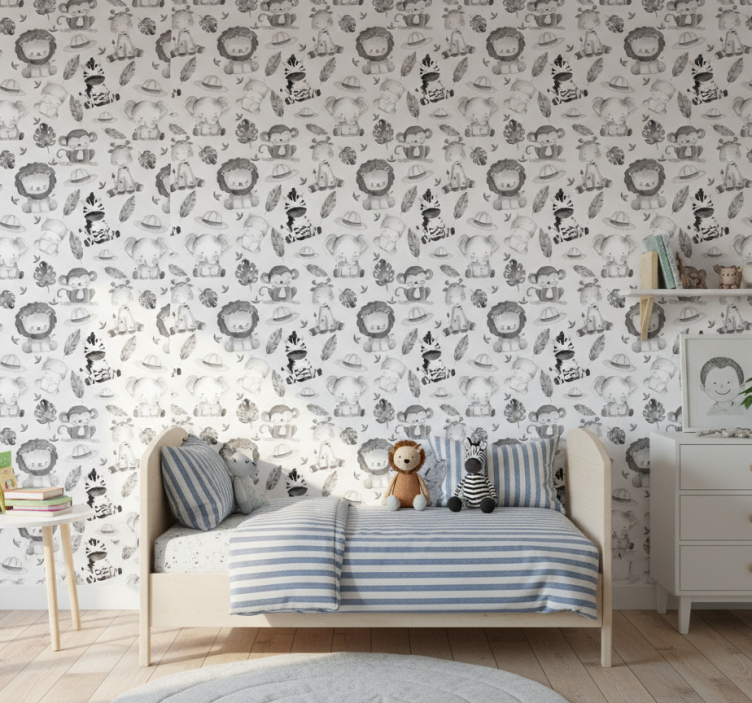 Papier peint chambre enfant animaux de zoo gris - TenStickers