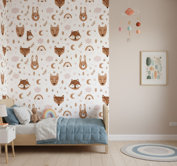 Papier peint chambre enfant animaux marron et arcs-en-ciel - TenStickers