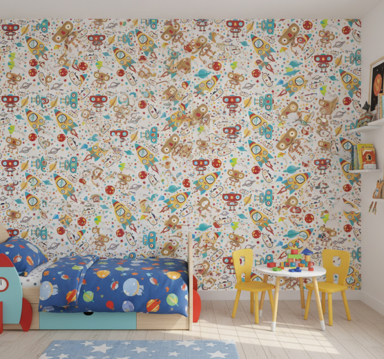 Papier peint chambre enfant aventure de robots fusées - TenStickers