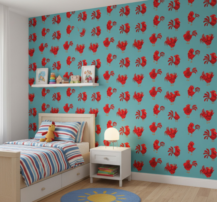 Papier peint chambre enfant coqs rouges sur fond bleu - TenStickers