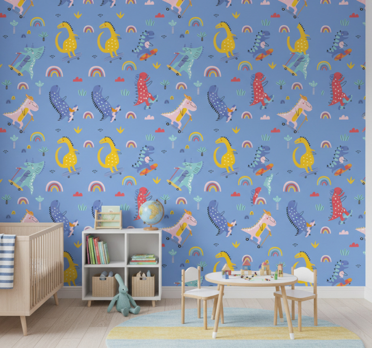 Papier peint chambre enfant dinosaures skateurs mignons - TenStickers