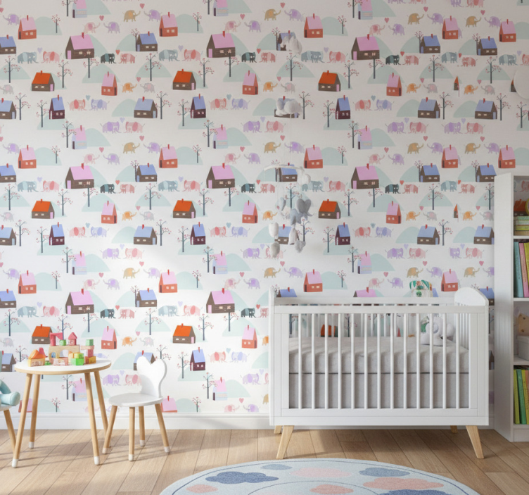 Papier peint chambre enfant éléphants et maisons - TenStickers