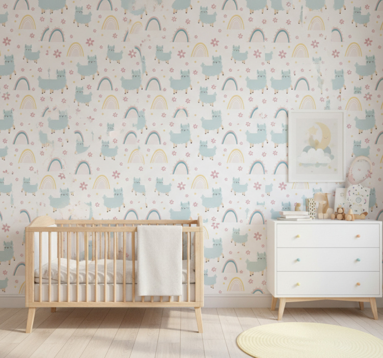 Papier peint chambre enfant lamas et arcs-en-ciel - TenStickers