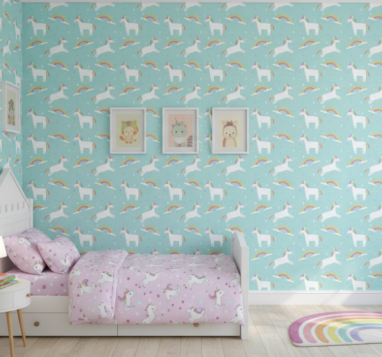 Papier peint chambre enfant licornes avec arc-en-ciel - TenStickers