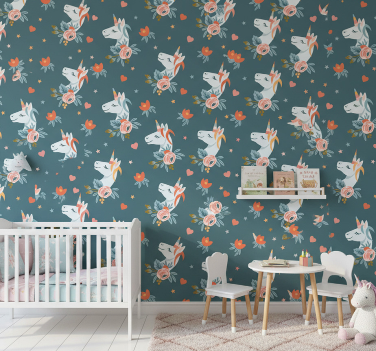 Papier peint chambre enfant licornes bleues charmantes - TenStickers