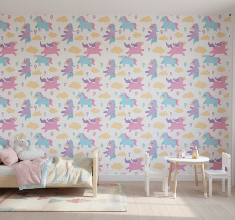 Papier peint chambre enfant licornes et nuages - TenStickers