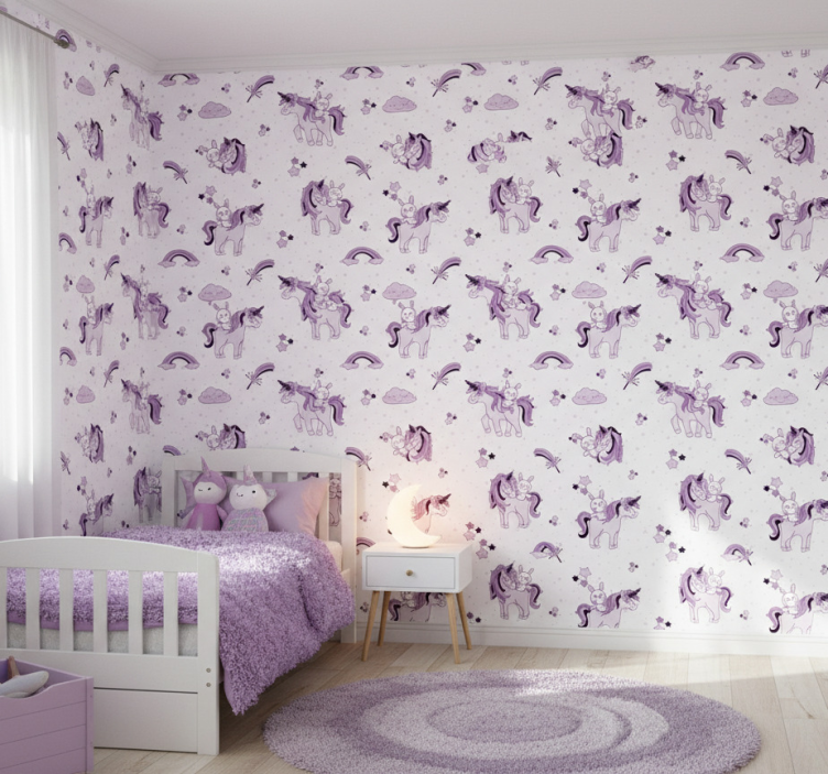 Papier peint chambre enfant licornes violettes fantastiques - TenStickers