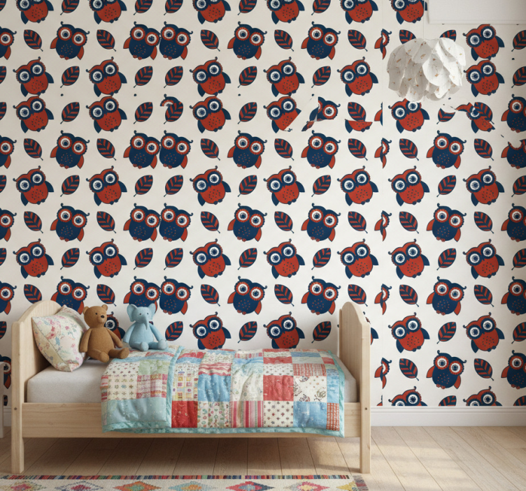 Papier peint chambre enfant motif hiboux bleus et rouges - TenStickers