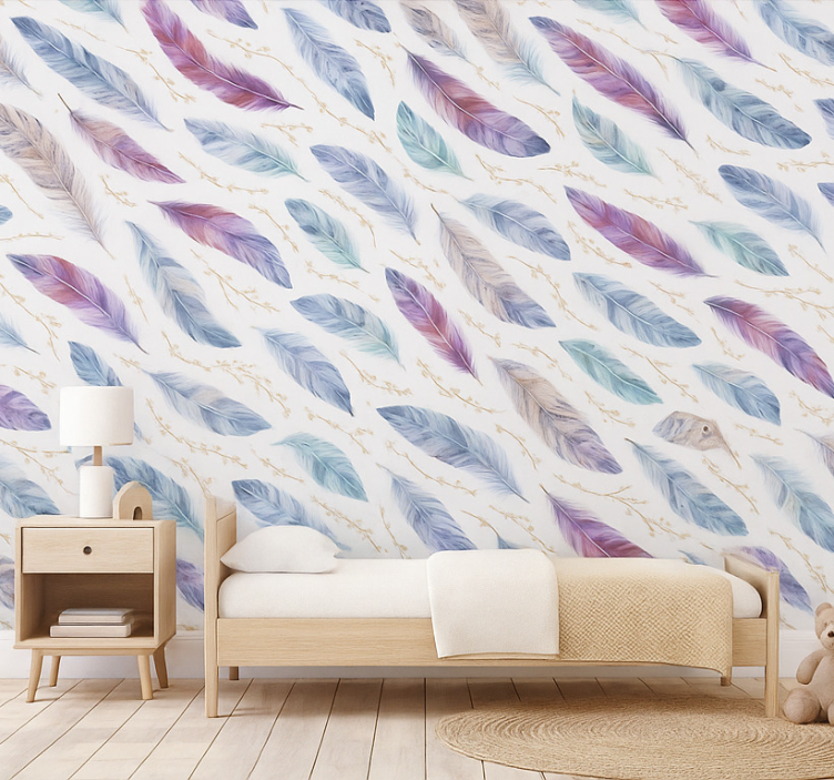 Papier peint chambre enfant motif plumes colorées - TenStickers