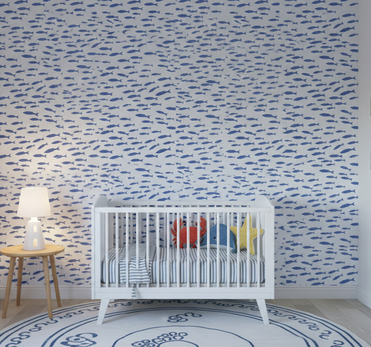 Papier peint chambre enfant motif poissons bleus sur blanc - TenStickers