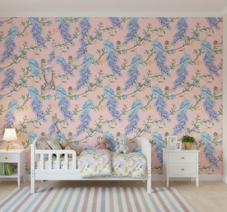 Papier peint chambre enfant oiseaux dans un paradis rose - TenStickers