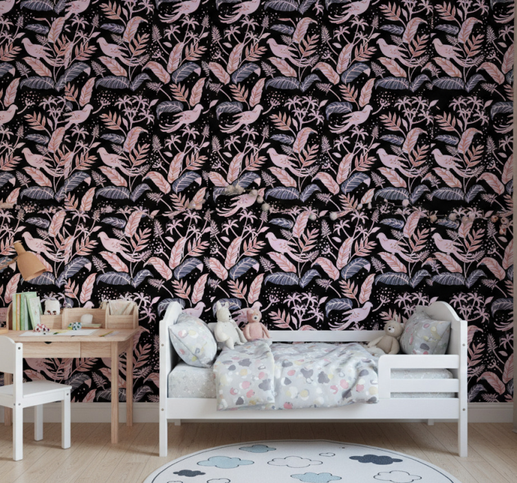 Papier peint chambre enfant oiseaux roses et noirs sur feuillage - TenStickers
