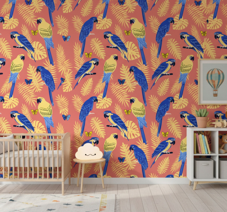 Papier peint chambre enfant perroquets et papillons sur feuilles  - TenStickers