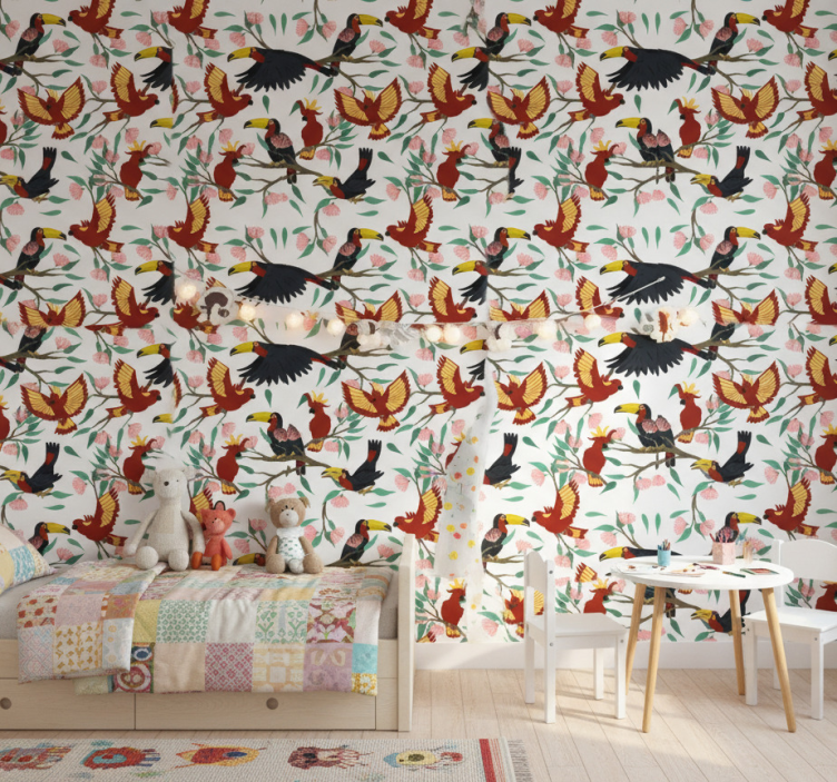Papier peint chambre enfant perroquets et toucans volants - TenStickers