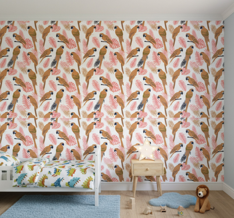 Papier peint chambre enfant perroquets oranges fleurs roses - TenStickers