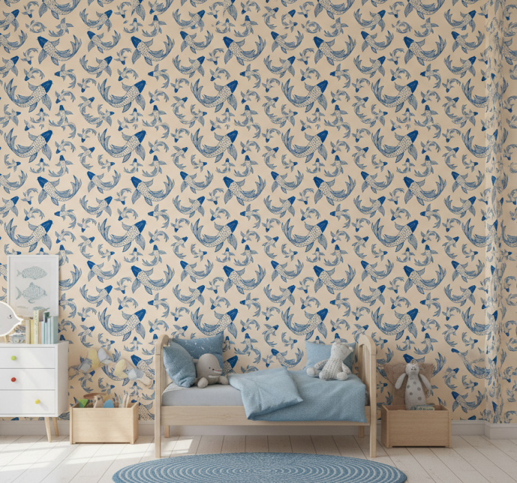 Papier peint chambre enfant poissons bleus sur fond beige - TenStickers