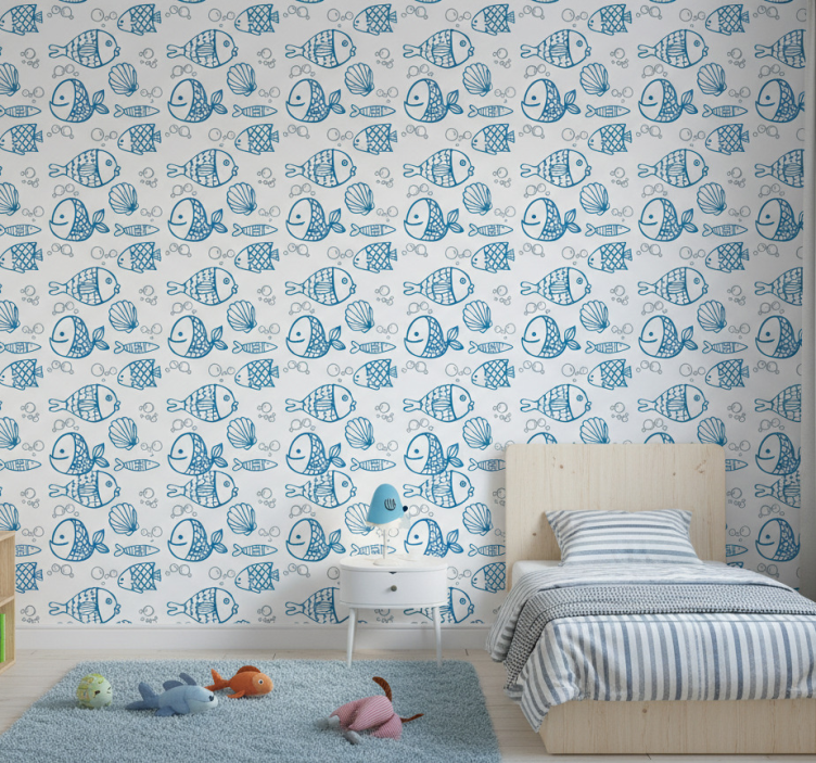 Papier peint chambre enfant poissons bleus sur fond blanc - TenStickers