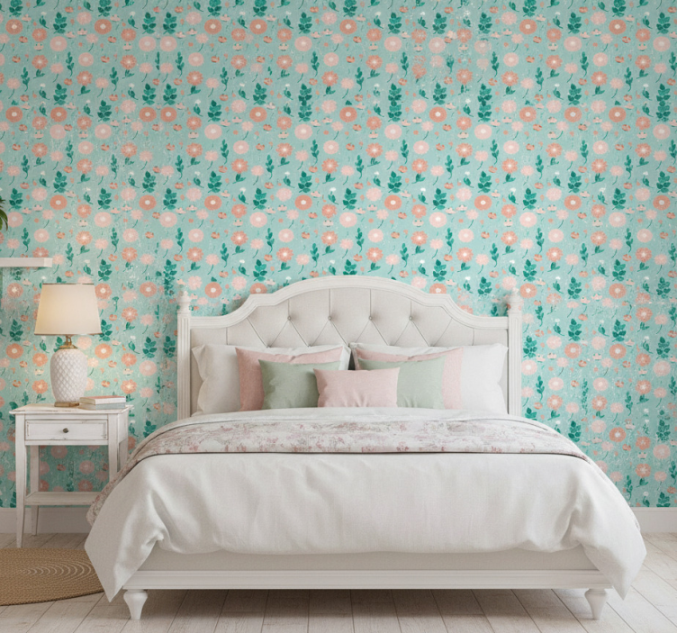Papier peint chambre fleurs bleues style shabby chic - TenStickers