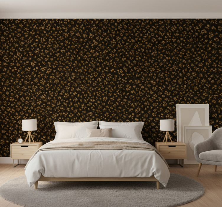 Papier peint chambre fond sombre avec fleurs dorées - TenStickers